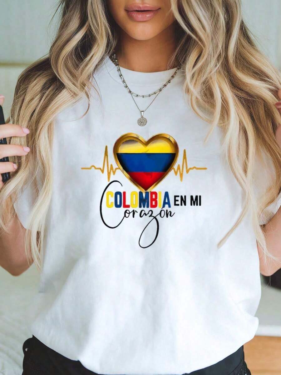 Modern Minimalist Valentine's Day T-Shirt For Women, With "In My Heart" Print, Colombian Pride, Round Neck, Casual, Thick Pure Cotton (PC) For Everyday Wear. - 白色 - 查看 1