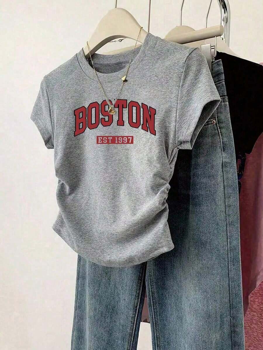 Camiseta ajustada de mujer con estampado de letras, silueta estilizante, estilo casual/al aire libre, nueva llegada de verano, color rojo - Gris - Ver 1