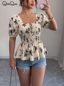 Women's Square Neck Petal Sleeve Jacquard Chiffon Top With Tie Waist And Flared Hem, Non-Stretch Regular Fit, Suitable For Vacation Summer - Apricot - View 2