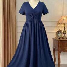 Rometta Elegant Casual V-Neck Pleated Design Short Sleeve Knit Plus Size Women Dress, New Arrival - Azul Marino - Ver 1