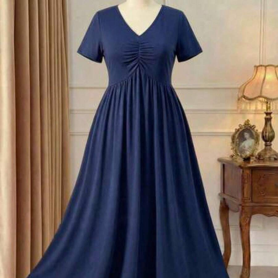 Rometta Elegant Casual V-Neck Pleated Design Short Sleeve Knit Plus Size Women Dress, New Arrival - Azul Marino - Ver 1