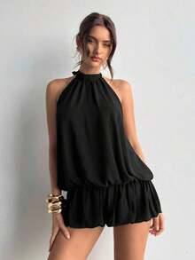 casual de verano para mujer con cuello halter, unicolor y volantes en el bajo - Negro - Ver 3