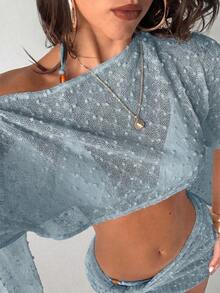 Conjunto de 2 piezas de mujer para primavera/verano con textura de jacquard, blusa tipo chal y minifalda de estilo envolvente, ropa de playa/resort para mujer - Azul - Ver 8