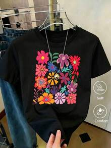 Camiseta con estampado de camisa casual para mujer, manga corta y cuello redondo, moda urbana local de primavera/verano. - Negro - Ver 1