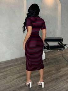 Vestido polo de manga corta a rayas blanco y negro de estilo minimalista y casual para ir al trabajo, vestido de punto de media longitud con ajuste ceñido y gran elasticidad, vestido elegante francés - Multicolor - Ver 2
