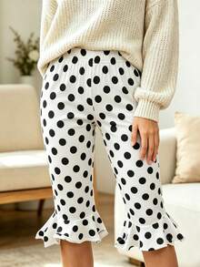 Womens Summer Knee Length Leggings Slim Fit Stylish Dot Print Ruffled Trim Mid Rise Capri Pants - White - View 3