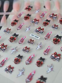 1pc Gothic Skull & Bow Nail Sticker, Self-Adhesive 3D Embossed Nail Art Decal, Nail Decoration, Ideal Gift For Women, Suitable For Festivals And Parties - Multicolor - View 5