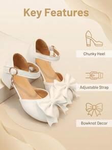 1 Paar 2026 neue Mädchen Mary Jane High Heels mit Schleife + Anhänger Dekoration + runder Zehenpartie Low-Top + Blockabsatz + eleganter weicher Stil. Vielseitige Prinzessinnenschuhe, geeignet für Bühnenauftritte/Alltag - Weiss - Übersicht 7