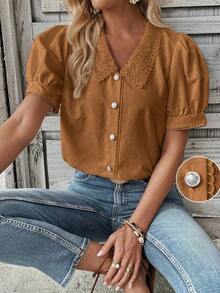 Camisa casual de mujer de manga corta con encaje de contraste - Marrón - Ver 8