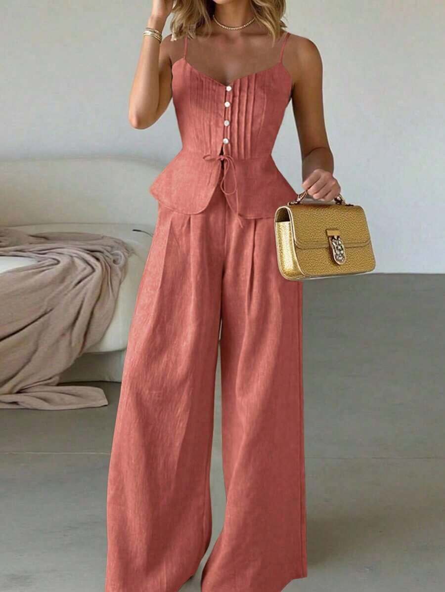 Set de 2 piezas: Top de tirantes ajustado informal con nudo delantero y pantalón de pierna ancha - Rosa coral - Ver 1