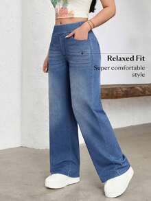 FlexDen Pantalones vaqueros de pierna ancha, estilo casual deportivo, con elástico para mujer - Azul lavado oscuro - Ver 5