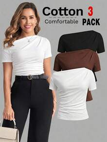 Camiseta de moda de manga corta con hombros oblicuos y ajustada de unicolor para mujer, verano - Multicolor 3 - Ver 12