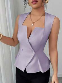 Blusa sin mangas con cuello plisado en forma de A para mujer, elegante y versátil, adecuada para ir al trabajo, vacaciones, citas, salidas, jardín, reuniones familiares, Día del Trabajo, días festivos, Día de la Independencia, vuelta al cole - Púrpura malva - Ver 4