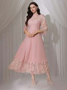 Vestido largo de manga larga con parches de bordado de ojal amarillo para mujeres - Rosa - Ver 7