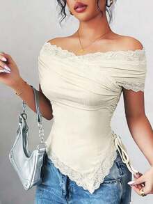 Camiseta de manga corta casual y sin hombros para mujer, de verano - Albaricoque - Ver 3