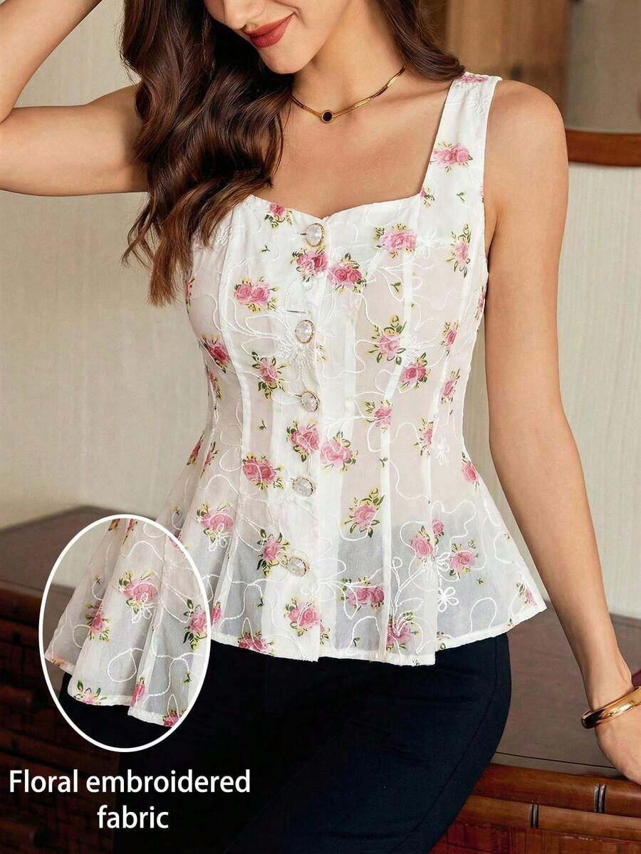 Blusa de mujer vintage, elegante y clásica, con cierre de botones metálicos con forma de flor, blusa sin mangas blanca, para primavera/verano - Rosa 2 - Ver 1