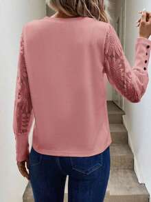 Blusa de mujer con mangas de encaje floral, parches y tejido de gofre, color blanco - Rosa - Ver 2
