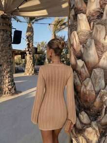 Vestido de manga larga de punto para mujer, estilo de vacaciones en la playa - Camello - Ver 8