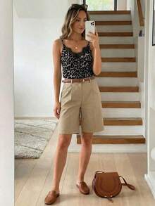 Camiseta de verano para mujer con estampado de leopardo marrón, de estilo minimalista, retro y elegante, versátil para uso diario o vacaciones.Camiseta de mujer con escote en V y encaje de contraste a la moda - Multicolor 9 - Ver 3
