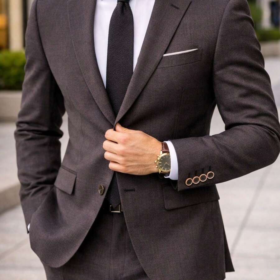 Men's Slim Fit Polyviscose Suit For Weddings - 黑色條紋 - 查看 1