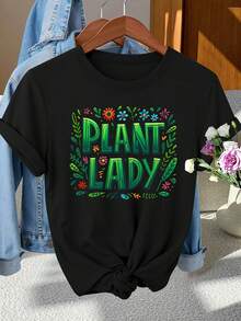 Vintage de las mujeres "Señora de la planta" camiseta floral - edición limitada regalo adecuado para sesiones fotográficas, desplazamientos y vacaciones, primavera verano otoño cuello de la tripulación de manga corta blusa-top botánico compatible (máquina lavable vestido retro) - Negro - Ver 2