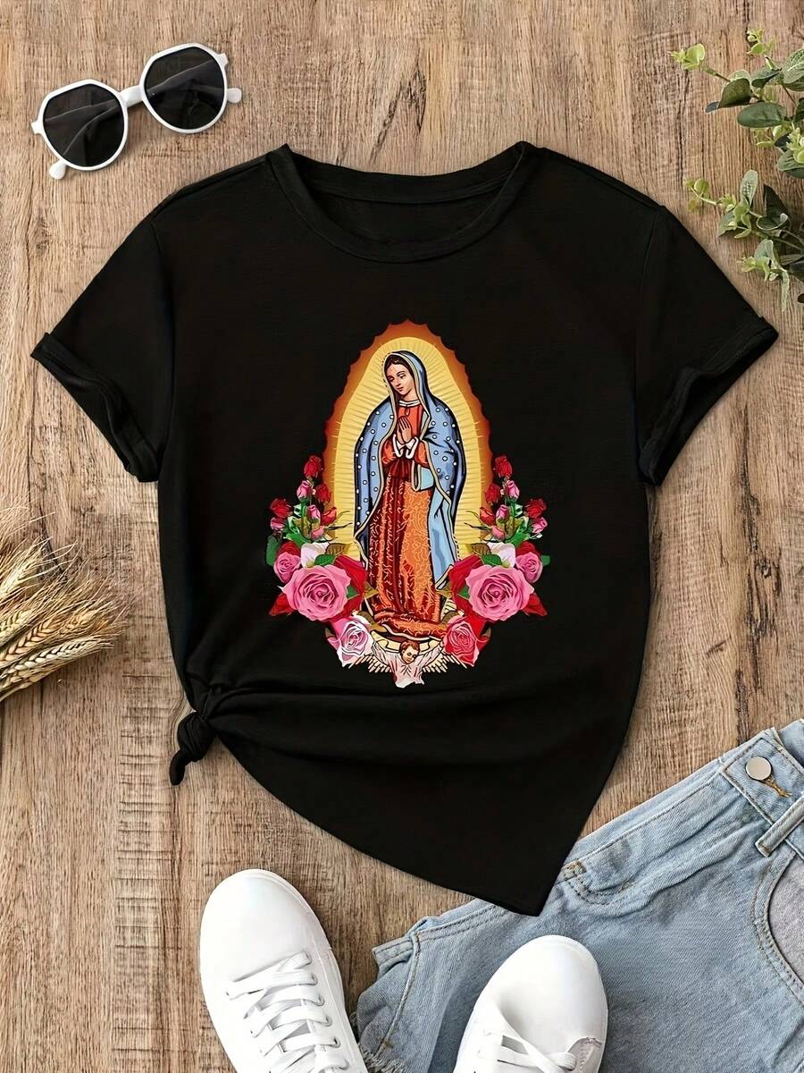 Camiseta con estampado gráfico, de manga corta y cuello redondo, top casual para verano y primavera, ropa de mujer - Negro - Ver 1