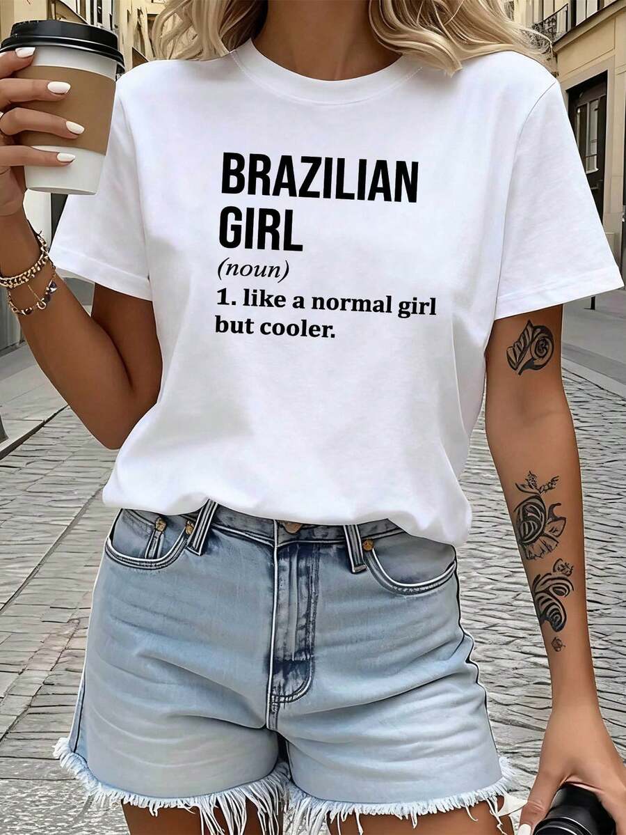 Definición brasileña Imprimir Camiseta de mujer Cultura brasileña Evento Amigos Reunión Top Confiado Estilo audaz Manga corta Cultura Vibe Tee