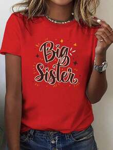 short-sleeveCamiseta de Cuello Redondo con Estampado de Letras "Big Sister", Camiseta Casual de Manga Corta para Primavera/Verano, Ropa de Mujer Cuello Redondo Algodón 100% Tejido Suave Manga Corta Transpirable y Fresca100% Cotton - Rojo - Ver 1