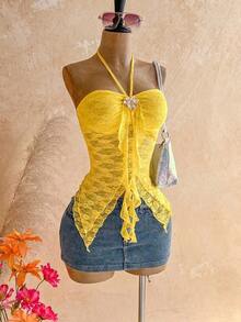 Camiseta asimétrica con decoración de conchas marinas, adecuada para vacaciones en la playa, verano - Amarillo 2 - Ver 7