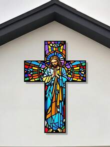1pc Colorful Glass Textured Cross Iron Wall Decor, Vintage Style Wall Hanging Ornament, Retro Religious Home Decor Hanging Piece, Suitable For Bathroom, Living Room, Bedroom, Wall Decoration - Cross - View 5