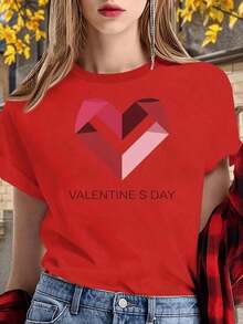 Camiseta Casual de Manga Corta para Mujer, 100% Algodón, con Estampado de Corazón Geométrico Vintage que Simboliza el Amor y la Unidad, con Texto de San Valentín. - Rojo - Ver 7