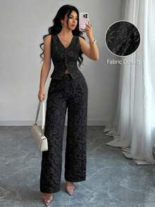 Conjunto de 2 piezas de chaleco y pantalones azules, con estampado de margaritas africanas, jacquard en relieve, elegante y casual para uso diario y de oficina, para mujer - Negro - Ver 8