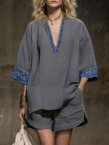 Conjunto de 2 piezas nuevo para mujer, estilo boho, de lino, estampado, cuello V, manga corta, short, perfecto para playa, vacaciones y looks de verano - Gris - Ver 7