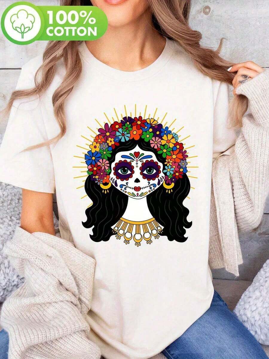 Lightweight T-Shirt With A Y-Shaped Skull And Gold Flower Print, Fun For Day Of The Dead Costumes, Featuring A La Catrina Skull And Flower Print, Short Sleeves, And A Round Neck. Casual Style, Suitable For Summer And Spring, 100% Cotton, A Hit With Women. All Kinds Of Prints, Jacket, Round Neck T-Shirt, Casual, For The Office, For Travel, Very Popular, Sporty Style, Print/Pattern, 100% Cotton T-Shirt, Casual T-Shirt, Comfortable, Soft, Breathable. The Latest Popular Bestseller - 白色 - 查看 1