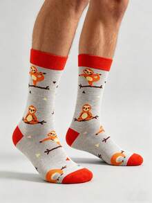 1 Pair Men's Funny Sloth Print Crew Socks, Casual Comfortable Socks, Personalized Daily Wear, Cute Sloth Pattern, Breathable Moisture-Wicking Cartoon Socks, Suitable For All Seasons, Students, Shallow Gray With Red Trim Sloth Crew Socks, Relaxed Style Sloth Print Crew Socks, Comfortable Durable Daily Wear, Unique Niche Design - Multicolor - View 3