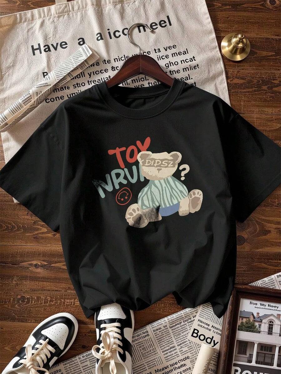 Cute And Youthful Short-Sleeve T-Shirt, A Short-Sleeve T-Shirt For Spring And Summer 2026, Made In Mexico, 180 Grams. Cartoon Print, Couple Design, Suitable For Indoor Or Outdoor Wear. Crew Neck, Unisex, Ideal For The Office And Leisure. One-Pack. - BK-P631577SLNDXZGY424 - 查看 1