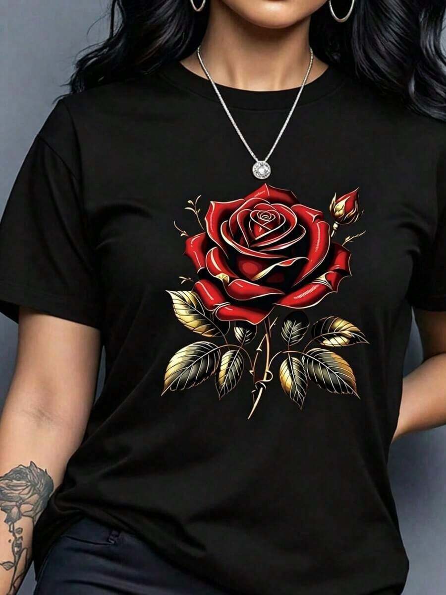 Camiseta informal de manga corta con cuello redondo y estampado de flores rosas, informal para el verano - Estilo Vintage Urbano Unisex, de algodón, corte holgado.-Vintage Street Style Unisexoose Cotton Short Sleeve Crew Neck T-Shirt - Negro - Ver 1
