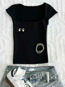 Camiseta de mujer de unicolor con cuello cuadrado y mangas cortas, versátil para uso diario y salidas - Negro - Ver 5