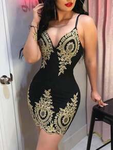 Female Sexy Voluptuary V-Neck Sheath Dress, Empire Waist Print Sleeveless Club Dress Party Cocktail Evening Miniskirt - 黑色 - 查看 6
