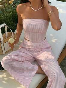 Conjunto de top bandeau a rayas amarillas y pantalones de cintura alta para mujer, ajustado, de moda y versátil para la calle, vacaciones, primavera/verano - Rosa - Ver 1