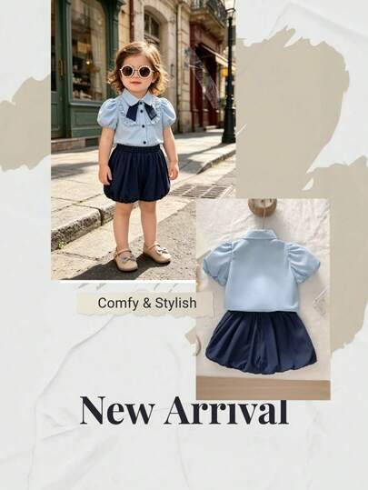 Summer New Baby Girl Ruffled Puff Sleeve Shirt And Bow Tie Shorts Set, Navy Blue Shorts With Collegiate Style, Double Ruffle Collar, Navy Shorts With 3D Soft Pleats Design, Side Bow Tie Accent