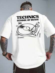 Men's Summer T-Shirts, Retro 80s Graphic Design - Vintage DJ Turntable And Vinyl Record Design With Technics School Of Music Lettering - Breathable Polyester Blend, Casual Short-Sleeved Shirt, Oversized Fit, Musical T-Shirt, Men's Plus Size T-Shirts, Men's Oversized T-Shirts, Spring Outfit, Cotton T-Shirt, Men's T-Shirt, Cotton T-Shirt, Men's Retro Street Print. - trắng - Xem 2
