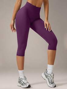 VVX Quần legging yoga nữ lửng cạp cao, ôm sát bụng, nâng mông, không đường may, màu trơn, dáng ôm, thích hợp cho tập luyện thể thao, tập gym, hoạt động ngoài trời, mặc hàng ngày, phù hợp mọi mùa. - Màu tím - Xem 3
