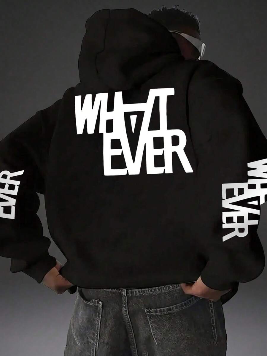 Camvyn Sudadera con capucha casual estampada y suelta para hombres, moda callejera, otoño/invierno - Negro - Ver 1