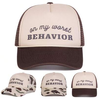 1pc Women's "On My Worst Behavior" Trucker Hat, Personality Letter Print Baseball Cap, Streetwear Fashion Mesh Cap, Outdoor Sun Protection Casual Hat For Spring, Autumn, Travel, Beach