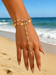 1pc Fashionable, Sexy, Elegant Boho Ocean-Inspired Glass Disc Tassel Linked Finger Hand Chain, Suitable For Women's Daily Casual, Outing, Party, Music Festival, Beach Holiday Wear (Chain Length Customized, Glass Disc Pendant Quantity & Arrangement Random) - Gold - View 1