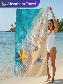 1pc Microfiber Beach Towel With Seawave & Starfish Print, Available In Multiple Sizes, Lightweight, Suitable For Swimming, Camping, Sports, Beach Or Gym, Beach Accessories | Modern Beach Towel | Durable Beach Mat, Beach Towel - Sea Waves and Starfish - View 1