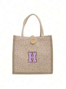 1pc Embroidered Letter Pattern Handbag, Floral Print Linen Tote Bag, Ditsy Floral Linen Decorative Button Handbag, Minimalist Large Capacity Handbag, Portable Casual Storage Tote Bag, Multifunctional Shopping Bag - Multicolor - View 10