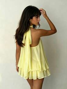 Women's Casual Sleeveless Backless Spaghetti Strap A-Line Mini Dress, Summer - Yellow - View 3