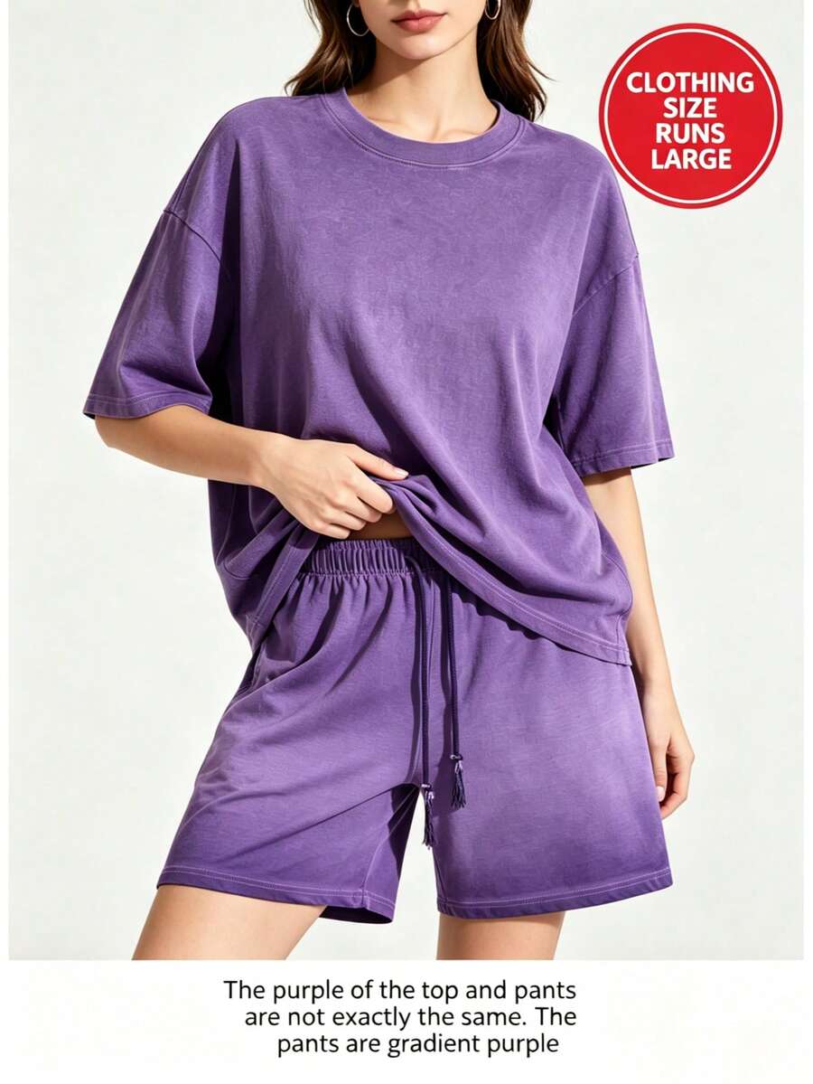 2026 Summer Unisex 2pcs Outfit, Vintage Washed Purple T-Shirt Shorts Set, Y2K Street Fashion Leisure Wear - 紫丁香色 - 查看 1